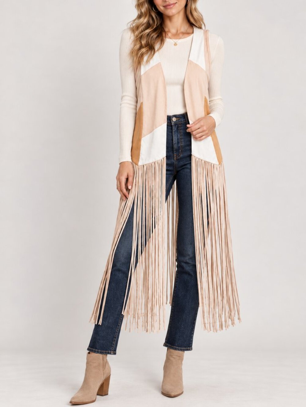 Shyanne NEW Western Patchwork Suede Fringe Longline Vest SZ XL Coastal Cowgirl